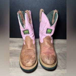 JOHN DEERE Boots Girls Sz 2.5 Med Brown Pink Leather Western Country Cowboy.